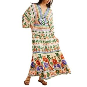 Farm Rio, Boho Floral Print Maxi Dress With Cut Outs and Bell Sleeves, Size M